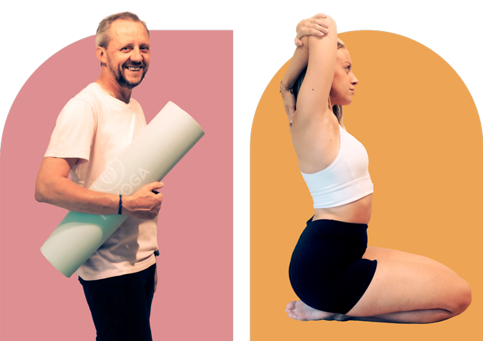 homme avec un tapis et femme qui fait du yoga